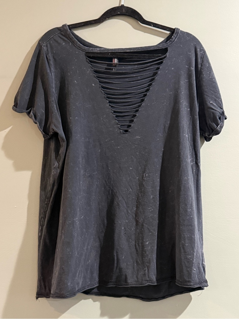 Black Short Sleeve Distressed Slashed Front Tee